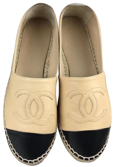 chanel beige black leather espadrille flats|chanel espadrilles price euro.